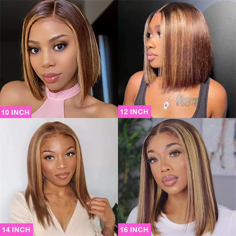 Highlight Wear Go Glueless Human Hair Straight Short Bob Wig P4/27 Colored 7X5 13X4 HD Lace Frontal Glueless Wigs Ready to Wear
