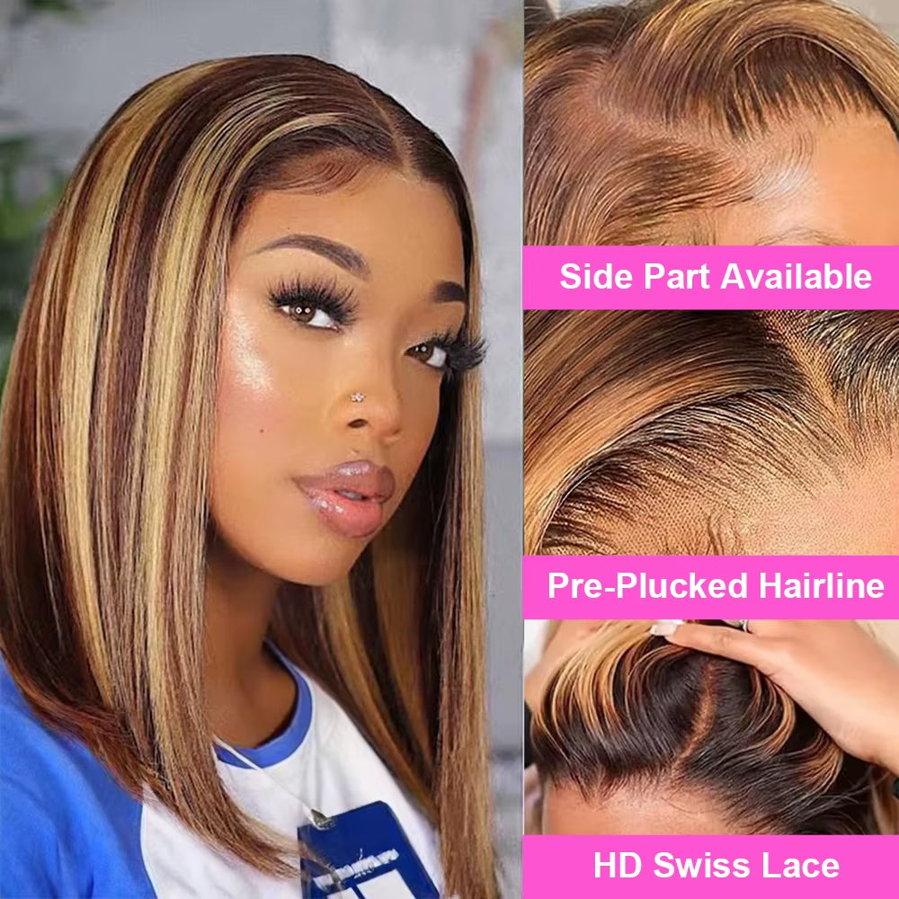 Highlight Wear Go Glueless Human Hair Straight Short Bob Wig P4/27 Colored 7X5 13X4 HD Lace Frontal Glueless Wigs Ready to Wear