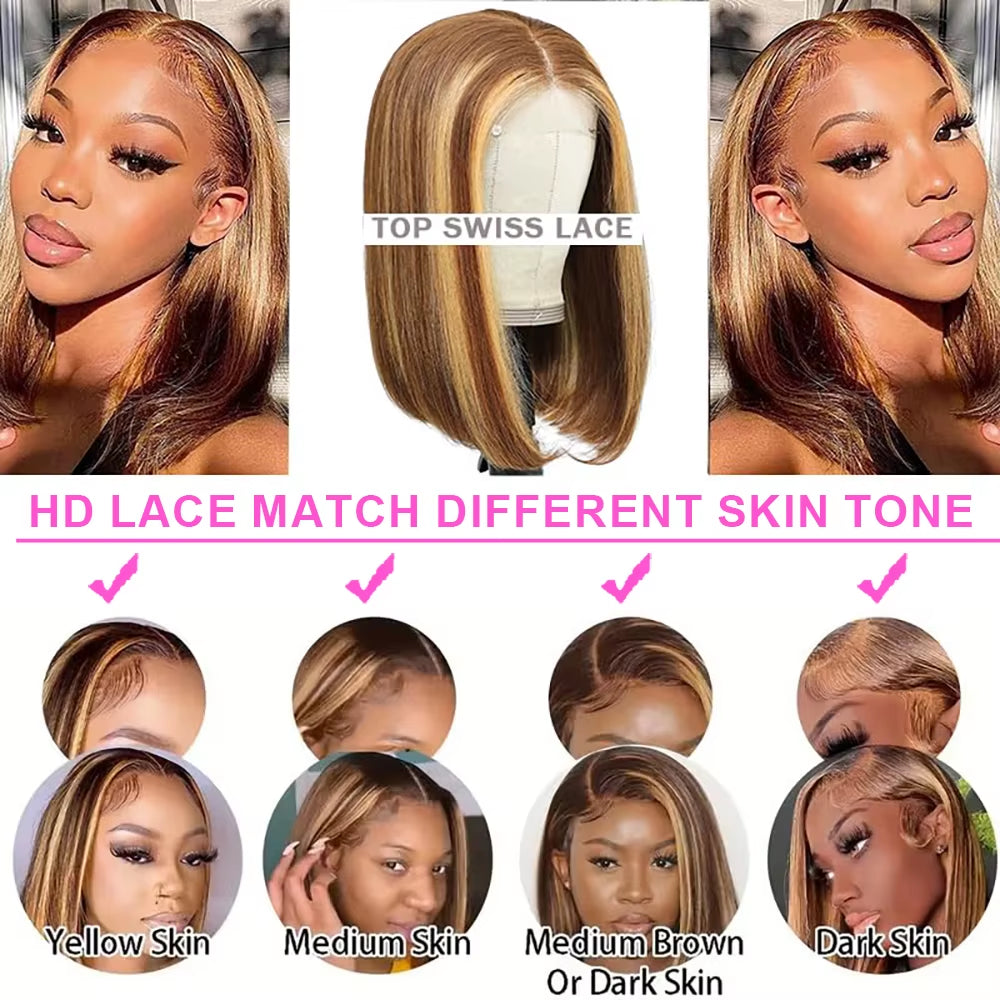 Highlight Wear Go Glueless Human Hair Straight Short Bob Wig P4/27 Colored 7X5 13X4 HD Lace Frontal Glueless Wigs Ready to Wear