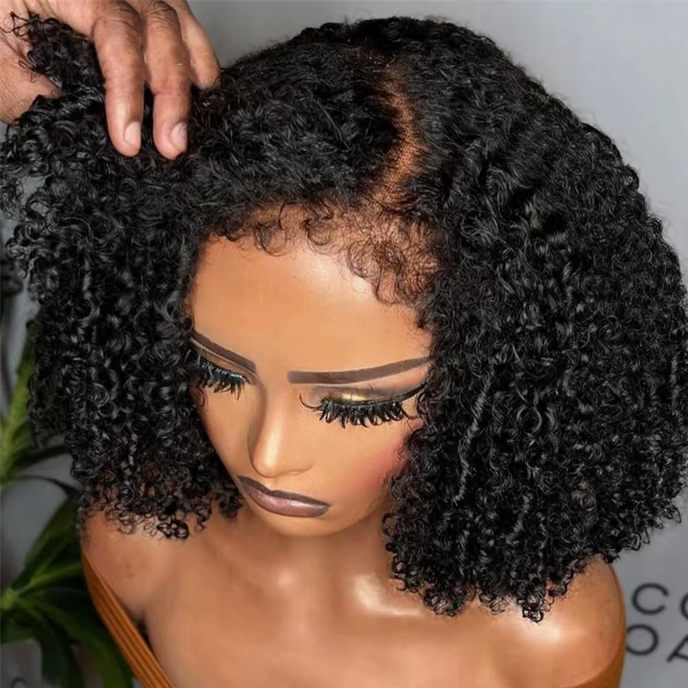 Short Bob Kinky Curly Human Hair Frontal Wig 4C Edges Lace Front Wigs Transparent 4X4 Closure Human Hair Wig Natural Hairline