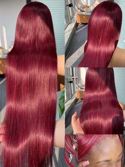 Straight 13X4 13X6 HD Lace Front Human Hair Wig 99J Red Burgundy Colored HD Transparent Preplucked Lace Frontal Human Hair Wigs