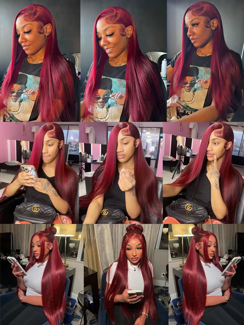 Straight 13X4 13X6 HD Lace Front Human Hair Wig 99J Red Burgundy Colored HD Transparent Preplucked Lace Frontal Human Hair Wigs