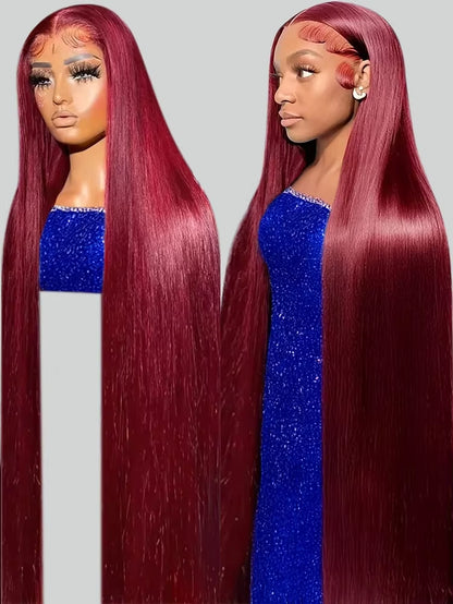 Straight 13X4 13X6 HD Lace Front Human Hair Wig 99J Red Burgundy Colored HD Transparent Preplucked Lace Frontal Human Hair Wigs