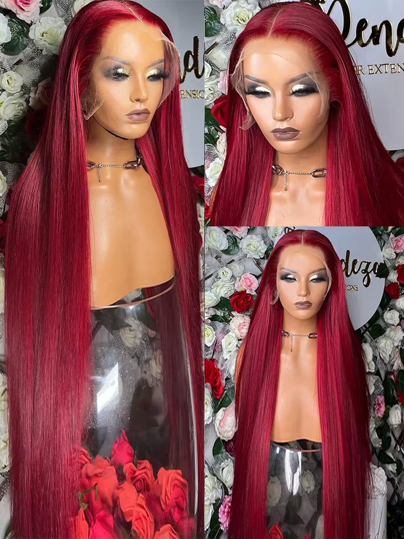 Straight 13X4 13X6 HD Lace Front Human Hair Wig 99J Red Burgundy Colored HD Transparent Preplucked Lace Frontal Human Hair Wigs