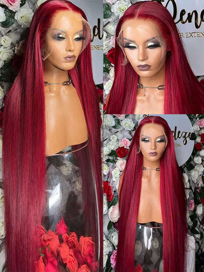 Straight 13X4 13X6 HD Lace Front Human Hair Wig 99J Red Burgundy Colored HD Transparent Preplucked Lace Frontal Human Hair Wigs