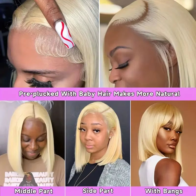 613 Blonde Bob Wig Human Hair 13X4 Lace Front Wigs Human Hair Pre Plucked Transparent Lace 180% Density Lace Frontal Wig Bob Wig