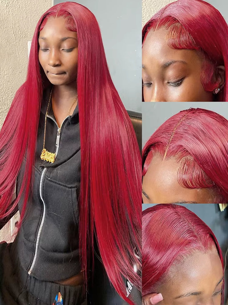 Straight 13X4 13X6 HD Lace Front Human Hair Wig 99J Red Burgundy Colored HD Transparent Preplucked Lace Frontal Human Hair Wigs